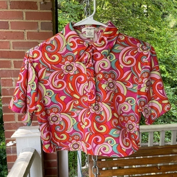 5/$25 Passport Brand Collared Button Up Short Sleeve Crop hippie 70s - Picture 1 of 7